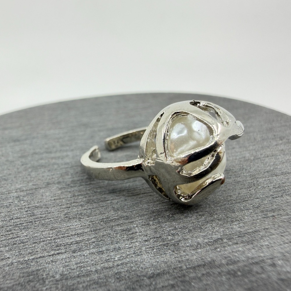 Silver Tone Statement Cage Ring with Lustrous Faux Pearl Boho Chic Unique Gift